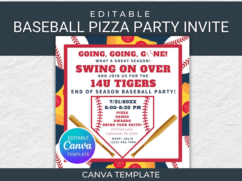 K&ouml;nnte beinhalten: Baseball-Pizza-Party-Einladung mit einem rot-wei&szlig;en Baseball-Thema. Die Einladung enth&auml;lt den Text "Going, Going, Gone!" und "Swing on Over" mit Details f&uuml;r die 14U Tigers Saisonabschlussfeier. Enth&auml;lt eine Canva-Vorlage.