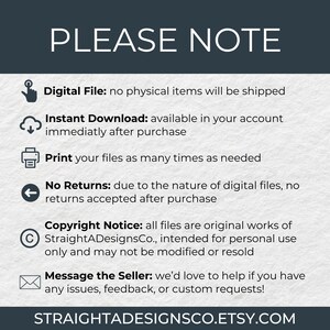 K&ouml;nnte beinhalten: Ein Hinweis zu digitalen Dateien mit der &Uuml;berschrift "PLEASE NOTE". Das Bild zeigt Details zur Verf&uuml;gbarkeit digitaler Dateien, Sofort-Downloads, Druckoptionen, der R&uuml;ckgaberichtlinie, Urheberrechtsinformationen und wie Sie den Verk&auml;ufer kontaktieren k&ouml;nnen. Der Etsy-Shop-Name wird angezeigt.