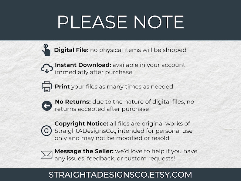 K&ouml;nnte beinhalten: Ein Hinweis zu digitalen Dateien mit der &Uuml;berschrift "PLEASE NOTE". Das Bild zeigt Details zur Verf&uuml;gbarkeit digitaler Dateien, Sofort-Downloads, Druckoptionen, der R&uuml;ckgaberichtlinie, Urheberrechtsinformationen und wie Sie den Verk&auml;ufer kontaktieren k&ouml;nnen. Der Etsy-Shop-Name wird angezeigt.