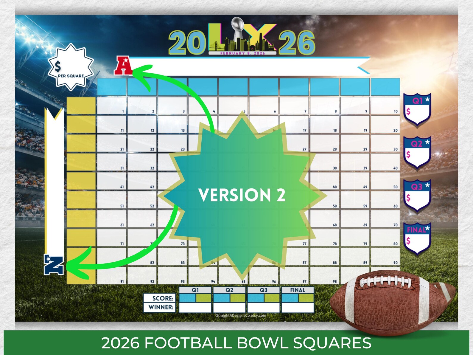 100 Super Football Bowl Squares Football Pool Grid Printable Instant