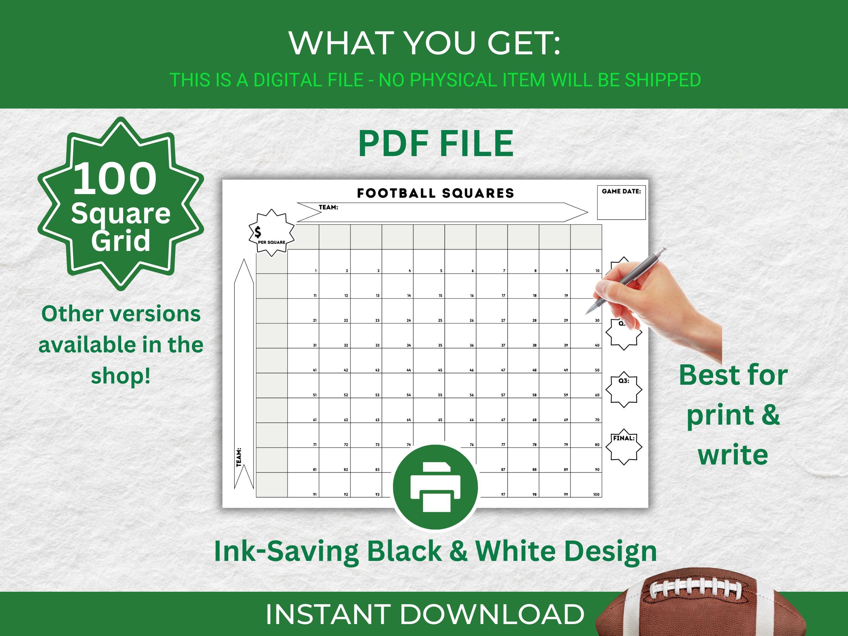 100 Football Squares Printable Grid Black and White Football Pool ...