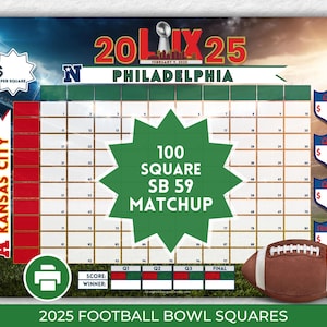 100 Super Football Bowl Quadrate Football Pool Druckbereit Fußball Fundraiser Office Pool 2025 Bowl mit den Teams Kansas City vs Philadelphia
