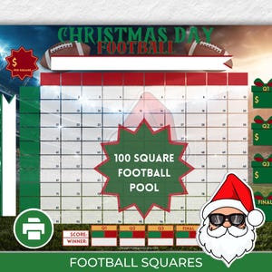 May include: A printable Christmas Day football pool game board with a green and red color scheme. The board has 100 squares for players to fill in with their picks for the game. The board also includes a section for the score and a section for the final score.