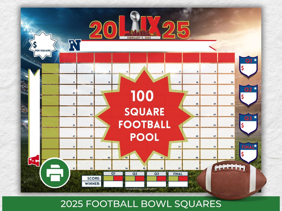 100 Super Football Bowl Squares Football Pool Grid Printable Instant ...