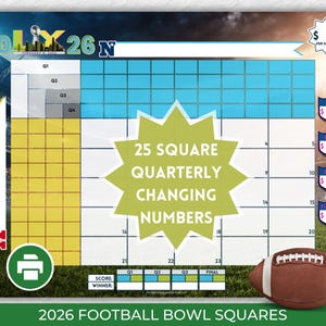 Könnte beinhalten: Eine Grafik zum Thema Football mit einem Raster für ein 2026 Football Bowl Squares-Spiel. Das Design umfasst einen Football, ein grün-gelbes Raster und den Text "25 Square Quarterly Changing Numbers". Das Bild enthält auch den Text "2026 Football Bowl Squares."