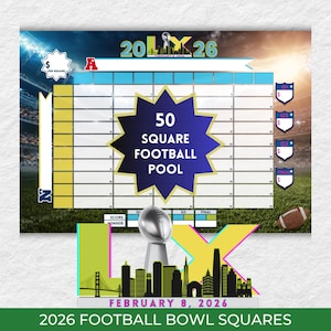 50 Super Football Bowl Squares Grid 2026 Football Pool Printable Digital Download Team Fundraiser Football Squares Template