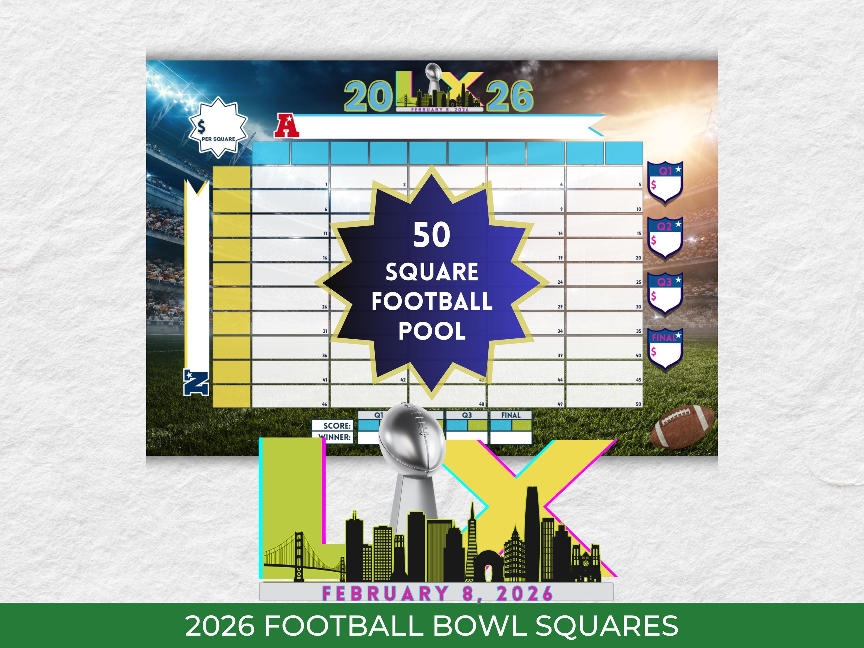 50 super football bowl squares grid 2026 football pool printable