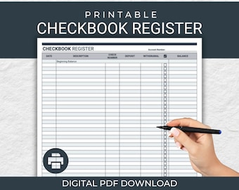 Chéquier imprimable Registre PDF en téléchargement numérique Impressions sur papier 8,5 x 11 po. Format Lettre US