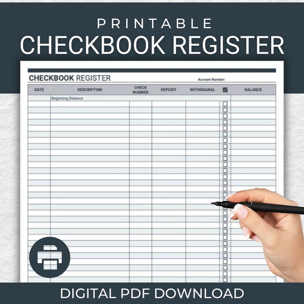 Printable Checkbook Register PDF Digital Download Prints on 8.5x11" Paper US Letter Size