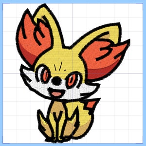 May include: A cartoon illustration of a yellow and orange fox-like Pokemon with red flames on its ears. The Pokemon is sitting with its legs crossed and has a happy expression on its face.