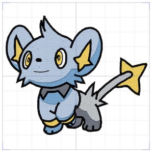 May include: A blue and gray cartoon character with a star on its tail. The character has large ears and yellow eyes.