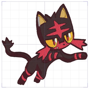 Op de afbeelding: Een rode en zwarte cartoonkat met gele ogen, een rode ster op zijn voorhoofd en rode en zwarte strepen op zijn poten. De kat staat in een springende pose met zijn staart opgerold.