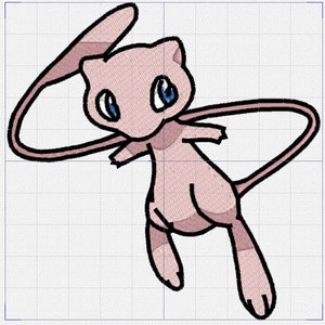 May include: A pink and white cartoon character with blue eyes and a long tail. The character is in a jumping pose with its tail curled around its body.
