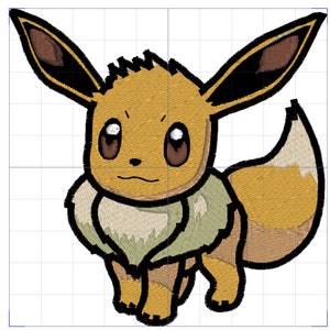 以下が含まれることがあります： 黒い輪郭の茶色と黄色のイーブイポケモンの漫画イラスト。イーブイは尻尾を後ろに巻いて四つん這いで立っている。