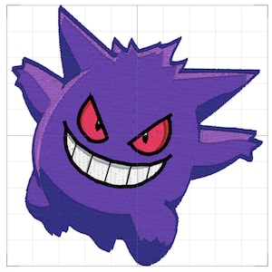 May include: Purple and white cartoon ghost with a wide, toothy grin and red eyes.