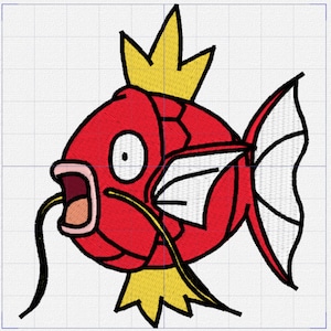 May include: A red and yellow cartoon fish with a crown on its head and a long, thin, black tongue. The fish has a white fin and a yellow tail fin.