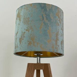Duck Egg Blue Gold Foil Marbled Vintage Luxury Velvet Brushed Gold Drum Lampshade