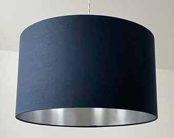 Deep Navy Blue Linen Blend Brushed Silver Drum Lampshade