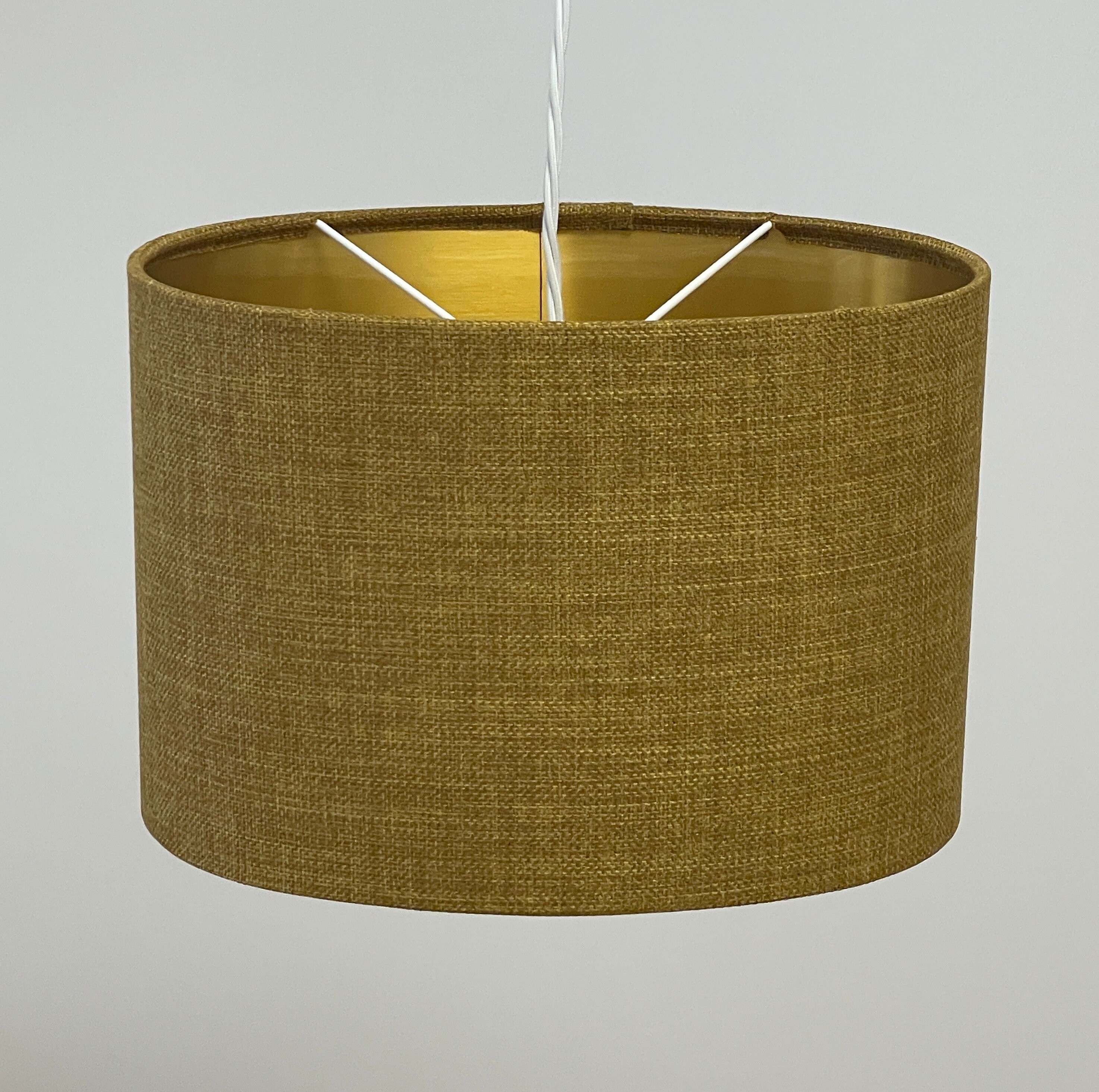 Mustard Yellow Textured Woven Fabric Drum Lampshade with Brushed Gold Ceiling 