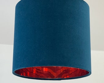 Teal Blue Velvet Mirror Copper Drum Lampshade