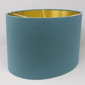 Teal Blue Textured 100% Linen Brushed Gold Oval Lampshade