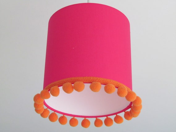 Hot Pink Bright Orange Pom Trim Drum Lampshade Hong Kong Hot Pink Bright Orange Pom Trim, Pink Pom Lamp Shade
