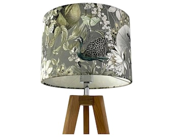 Pale Grey Velvet Peacock Botanical Drum Lampshade