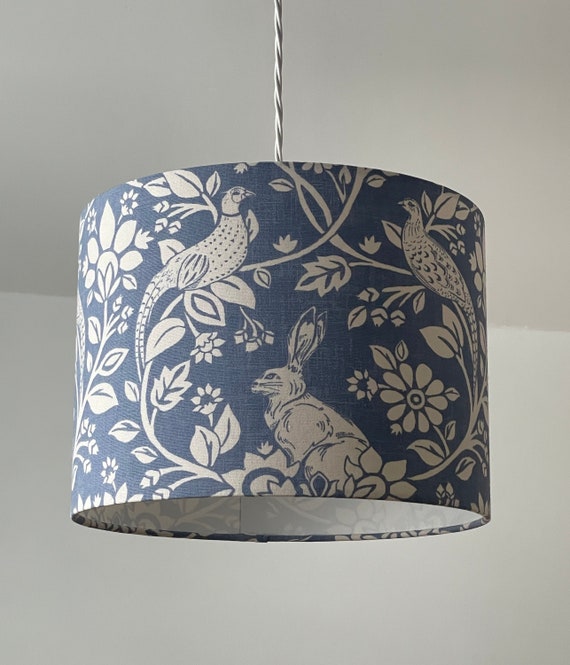 China Blue Country Woodland Hare Pheasant Drum Lampshade Hong Kong China Blue Country Woodland Hare, Grey Fabric Lamp Shades Wilko