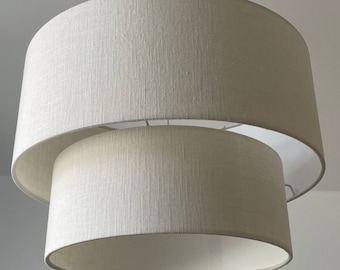 Two Tier Drum Lampshade in off White Cream Textured 100 Linen