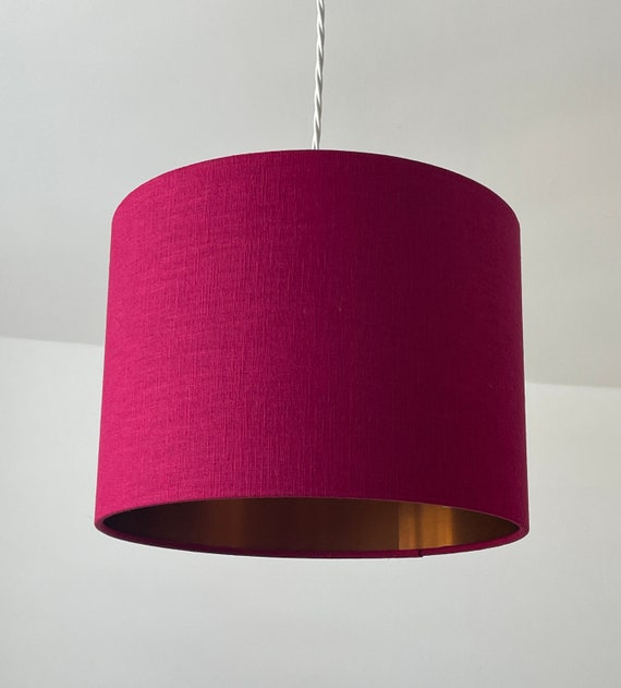 Raspberry Pink Textured 100 Linen Brushed Copper Drum Lampshade