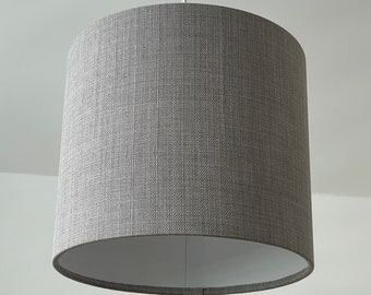 Light Grey Textured Woven Fabric Drum Lampshade with Brushed Silver Ceiling