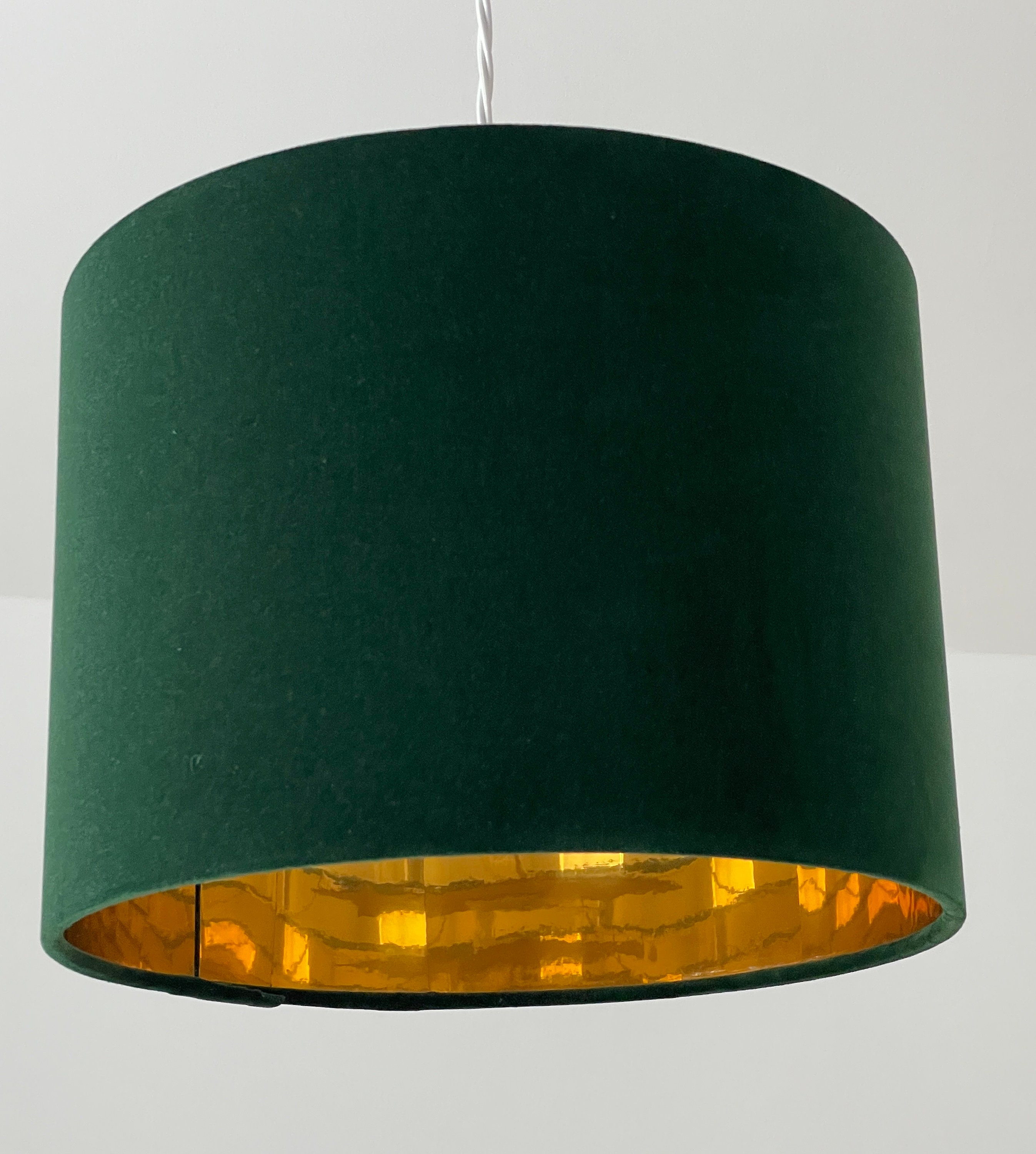 Abat-jour Tambour En Velours Vert Forêt - Doublure Dorée - Diamètre 20 Cm, Hauteur 15 Cm - Compatible Culots E27, E14, B22 - 3