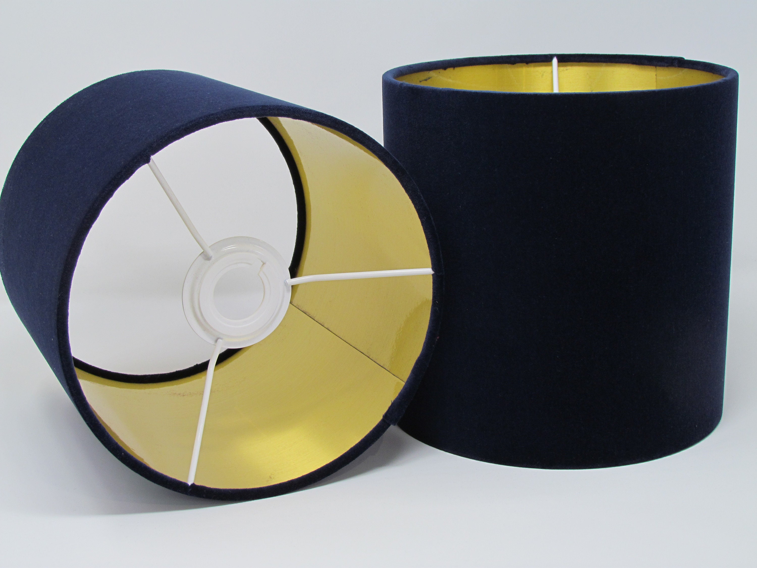 Navy Blue Velvet Drum Lampshade With Brushed Gold Trim - Contemporary Style