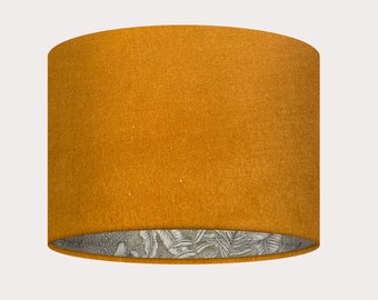 Mustard Yellow Velvet Linen Botanical Leaves Drum Lampshade