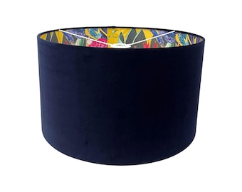 Navy Blue Velvet Ochre Wonderland Jungle Leaves Drum Lampshade