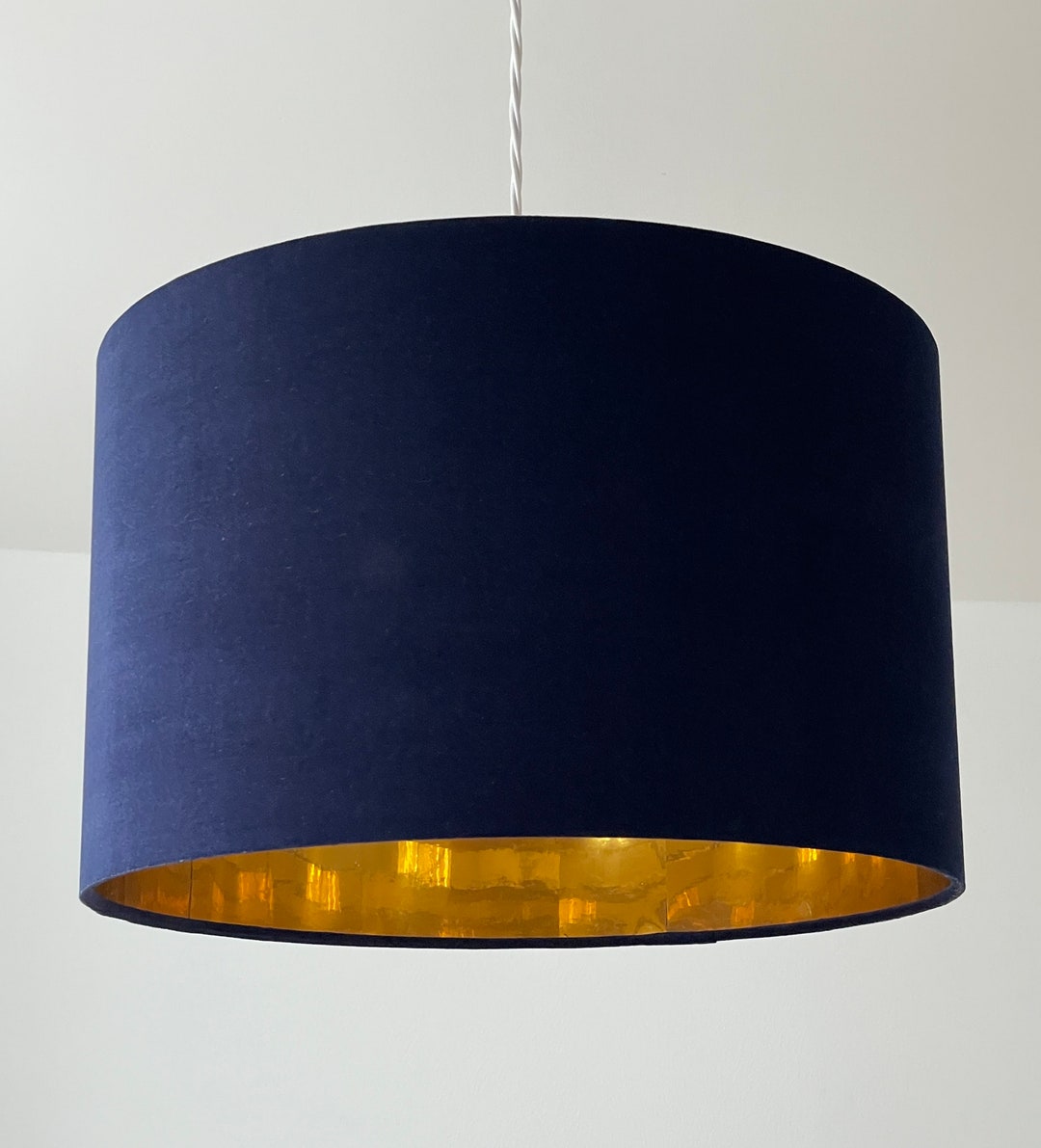 Navy Blue Velvet Mirror Gold Drum Lampshade Etsy UK