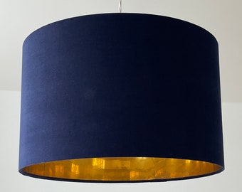 Navy Blue Velvet Mirror Gold Drum Lampshade