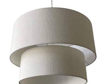Two Tier Drum Lampshade in Off White Cream Textured 100% Linen