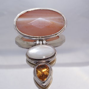 Large Rhodochrosite Sterling Silver Pendant with Mother of Pearl and Golden Topaz