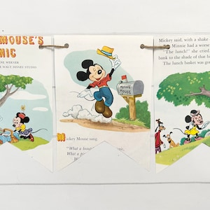 Vintage Mickey Minnie Mouse book page banner garland decor decoration Mouseketeer Disney themed party room