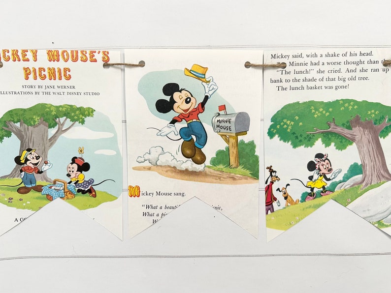 May include: A vintage children's book illustration featuring Mickey Mouse and Minnie Mouse on a picnic. Mickey Mouse is wearing a red shirt and blue pants, while Minnie Mouse is wearing a yellow dress with a red bow. The illustration is in a cartoon style and features bright colors.