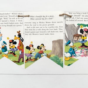 May include: A vintage children's book illustration featuring Mickey Mouse and his friends on a picnic. The illustration is divided into three panels, each with a different scene. The first panel shows Mickey Mouse and his friends walking through a forest. The second panel shows Mickey Mouse and his friends sitting at a picnic table. The third panel shows Mickey Mouse and his friends eating cake.