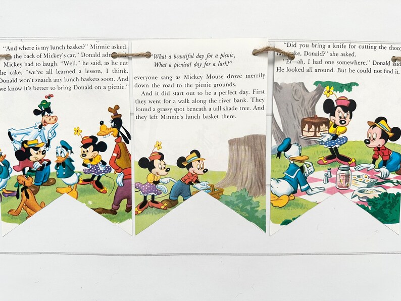 May include: A vintage children's book illustration featuring Mickey Mouse and his friends on a picnic. The illustration is divided into three panels, each with a different scene. The first panel shows Mickey Mouse and his friends walking through a forest. The second panel shows Mickey Mouse and his friends sitting at a picnic table. The third panel shows Mickey Mouse and his friends eating cake.