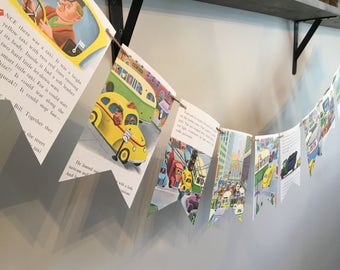 TAXI CAR CITY vintage children's book page banner bunting garland