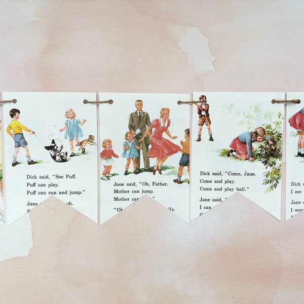 DICK AND JANE book page banner bunting garland decoration