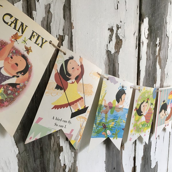 I CAN FLY vintage 70's book page banner bunting garland decoration girl Little Golden Book