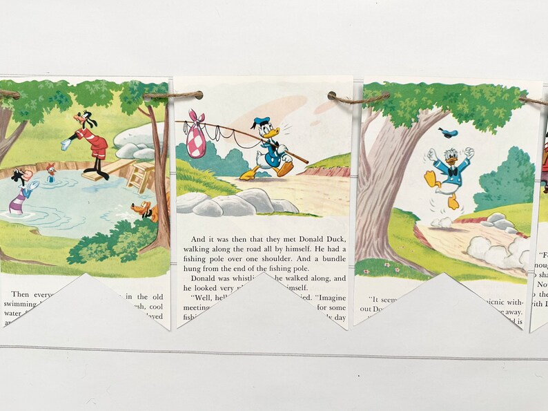 May include: A vintage children's book illustration featuring Donald Duck and Goofy. Donald Duck is walking along a path with a fishing pole and a bundle hanging from it. Goofy is swimming in a pond with other characters. The text reads "And it was then that they met Donald Duck, walking along the road all by himself. He had a fishing pole over one shoulder. And a bundle hung from the end of the fishing pole. Donald was whistling..."