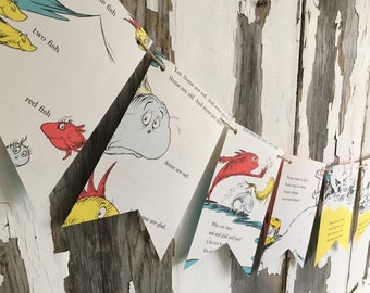 Dr. Seuss One Fish Two Fish Red Fish Blue Fish book page banner bunting garland decoration