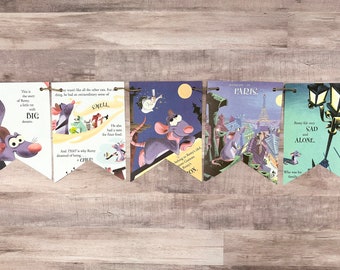 May include: A colorful banner with illustrations of a rat, a cat, a cityscape, and a street lamp. The banner has the text "This is Remy, a little rat with BIG dreams." "He also had a taste for finer food." "And THAT is why Remy dreamed of being... CHEF." "Belong to Remy's old home, Gonesse." "Remy in PARIS." "Remy felt very SAD and ALONE." "Who was his family?"