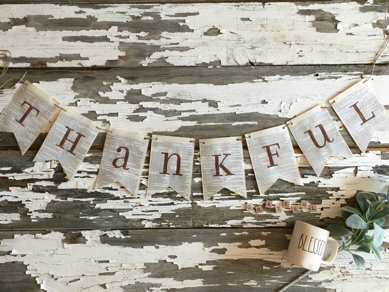 THANKFUL homemade book page banner fall thanksgiving decor decoration sign garland bunting afbeelding 1